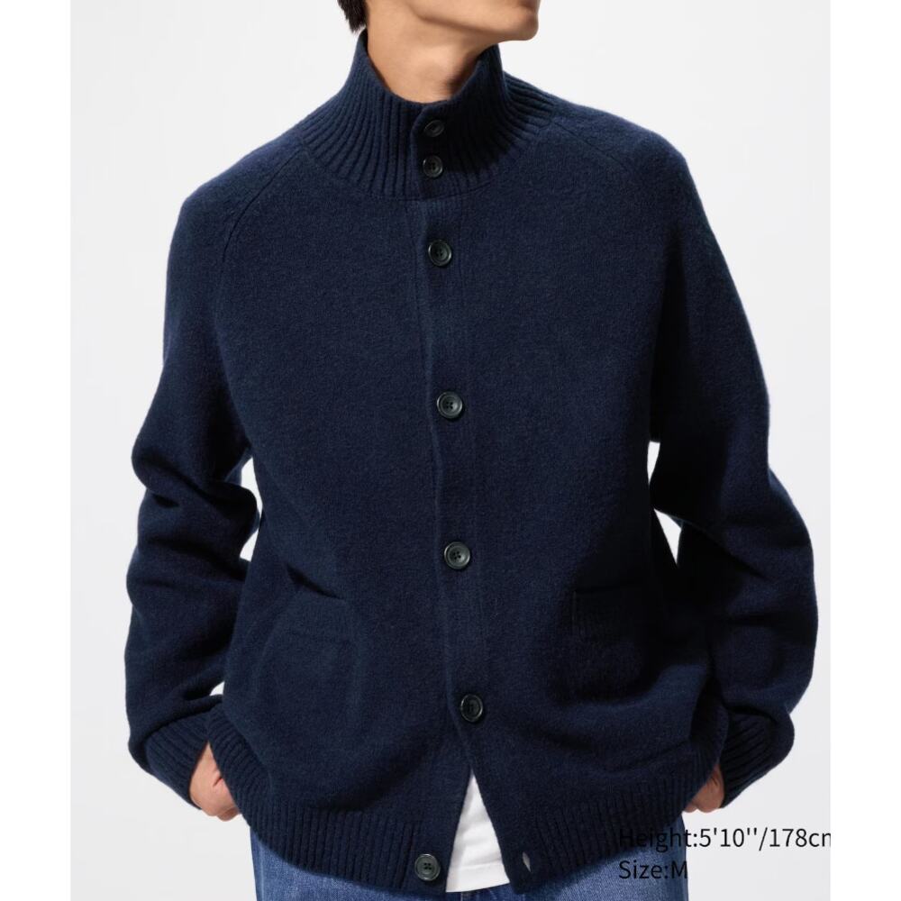 Uniqlo Souffle Yarn Stand Collar Cardigan in Navy Blue Men's L